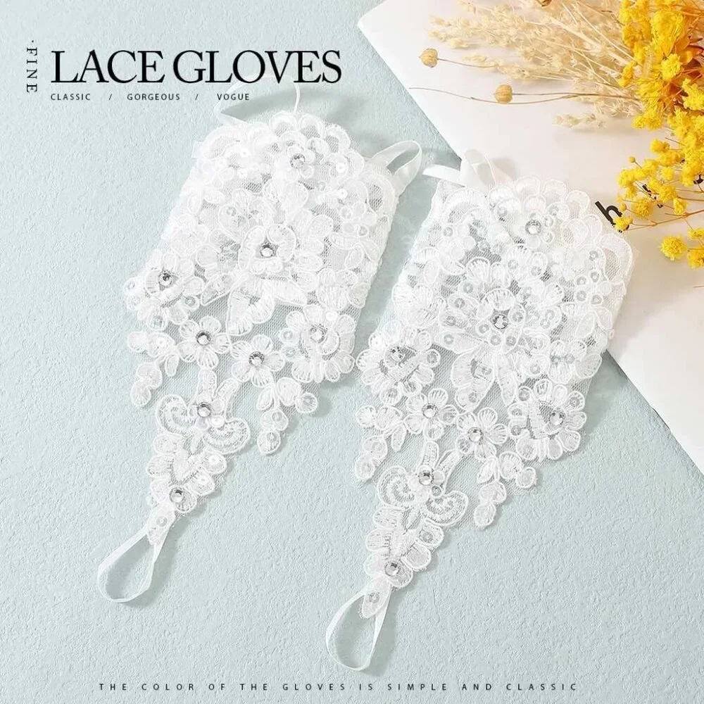 Women's Fingerless Rhinestone Short Lace White Gloves Bridal Wedding Accessories